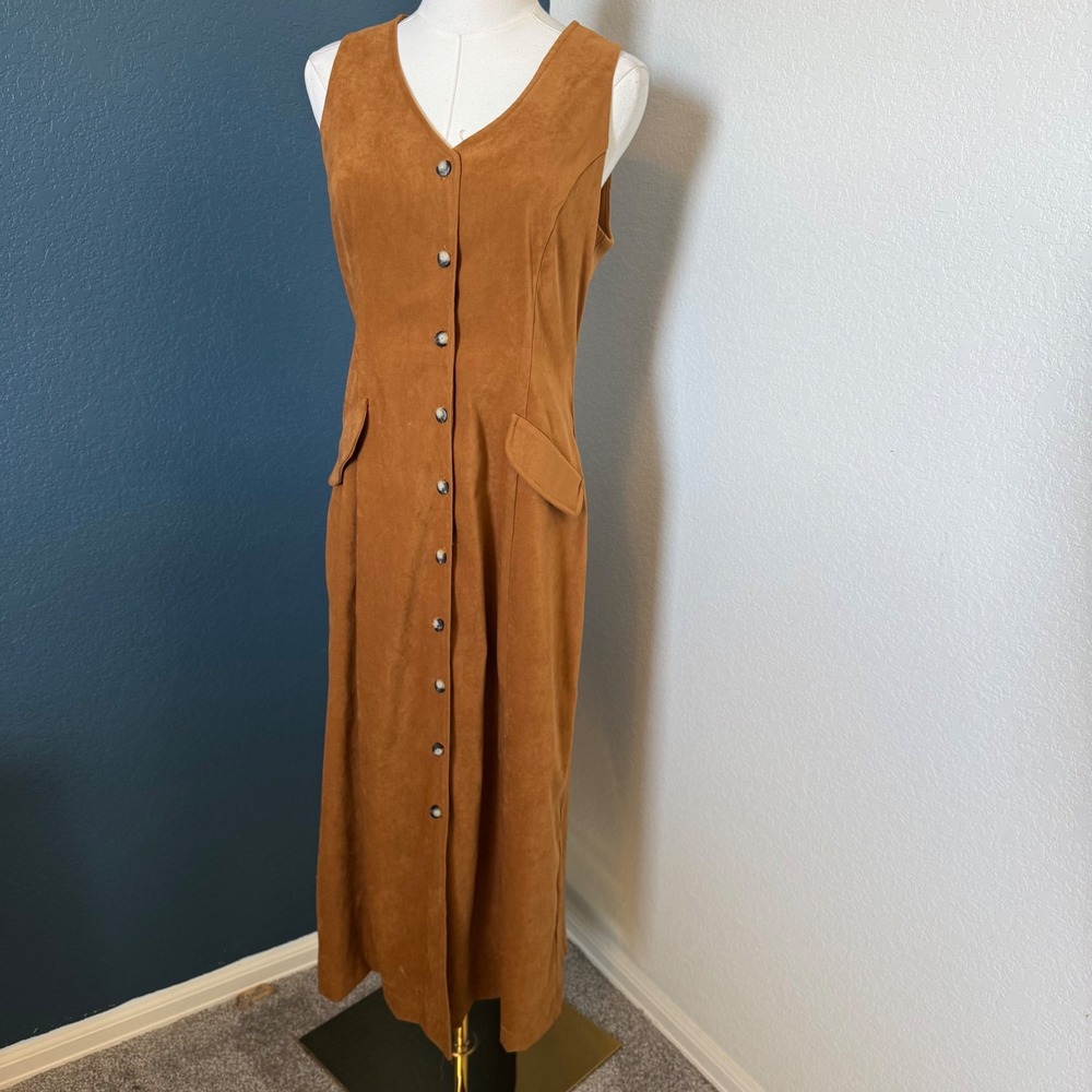 Vintage 90s Clues Collections Paris New York Faux Suede Dress Small Brown